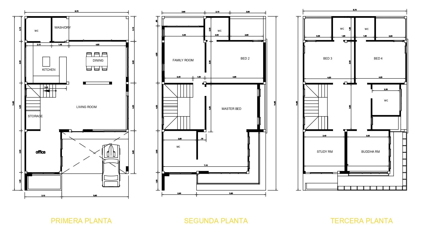 descargar planos de casa Plano de Casa de 8.7 × 14.60 m con 4 Dormitorios