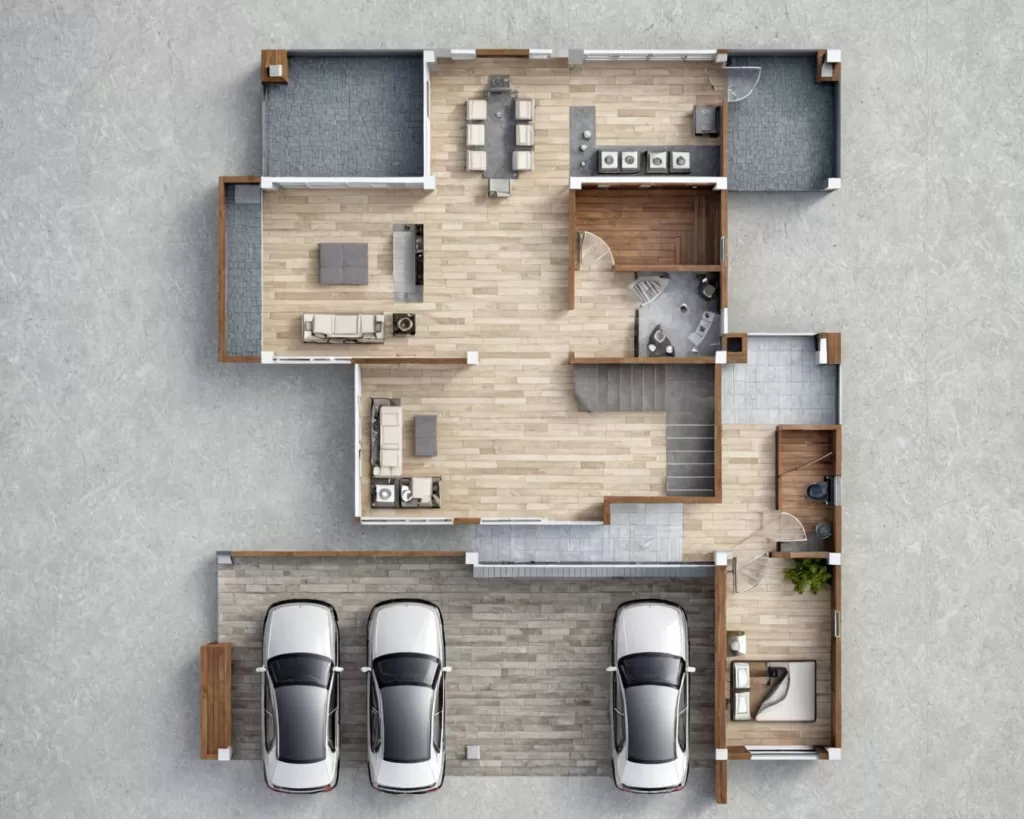 Floor plan of modern 5-bedroom house with double garage