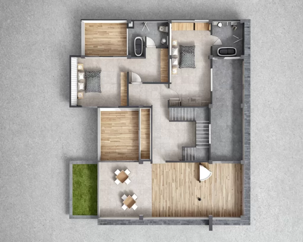 Open-concept floor plan with 5 bedrooms and large windows 