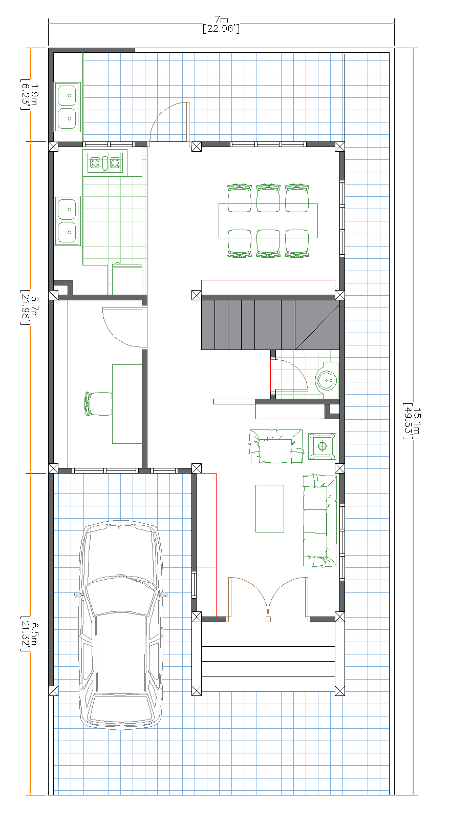 Three-level floor plan for urban lot – 105m² compact design