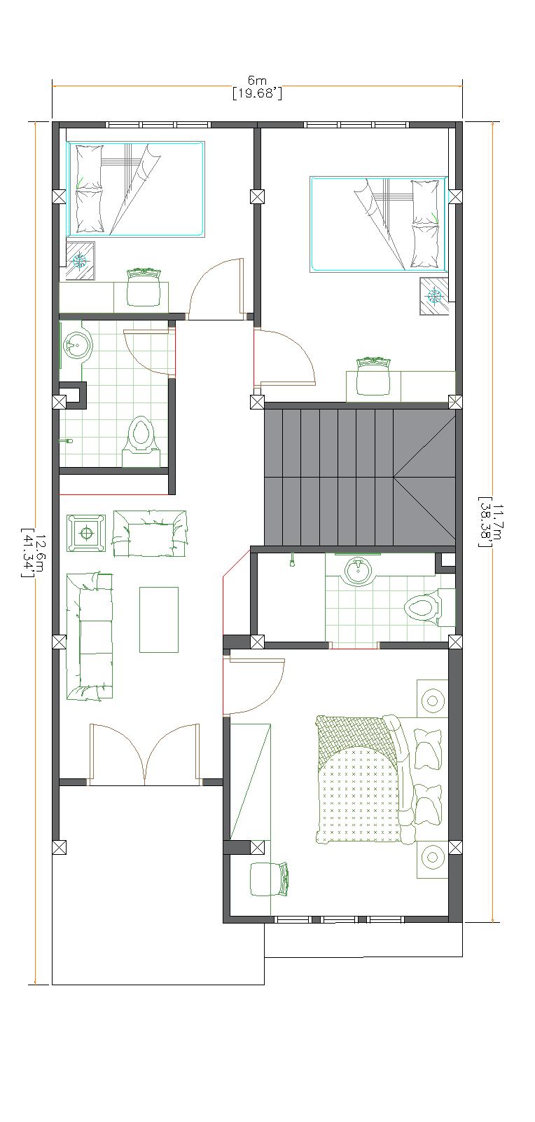 23x49 feet modern house plan with vertical distribution and terrace