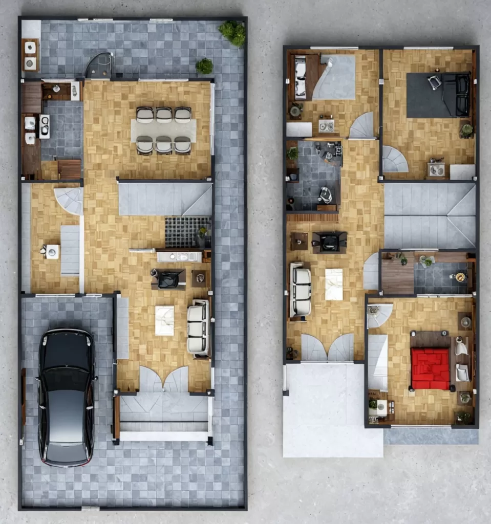 7x15 meters house floor plan with 3 bedrooms and rooftop terrace