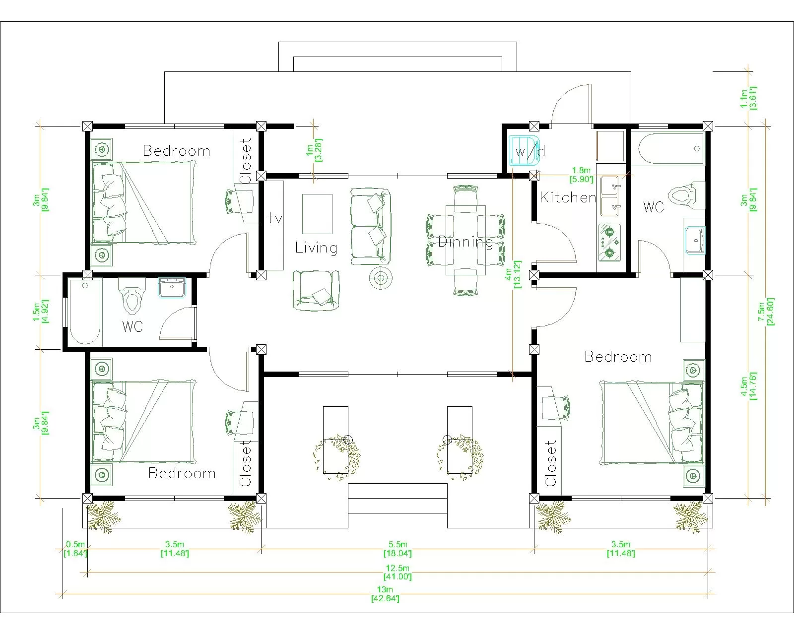 Download this 13x7m (43x25 ft) house plan with 3 bedrooms