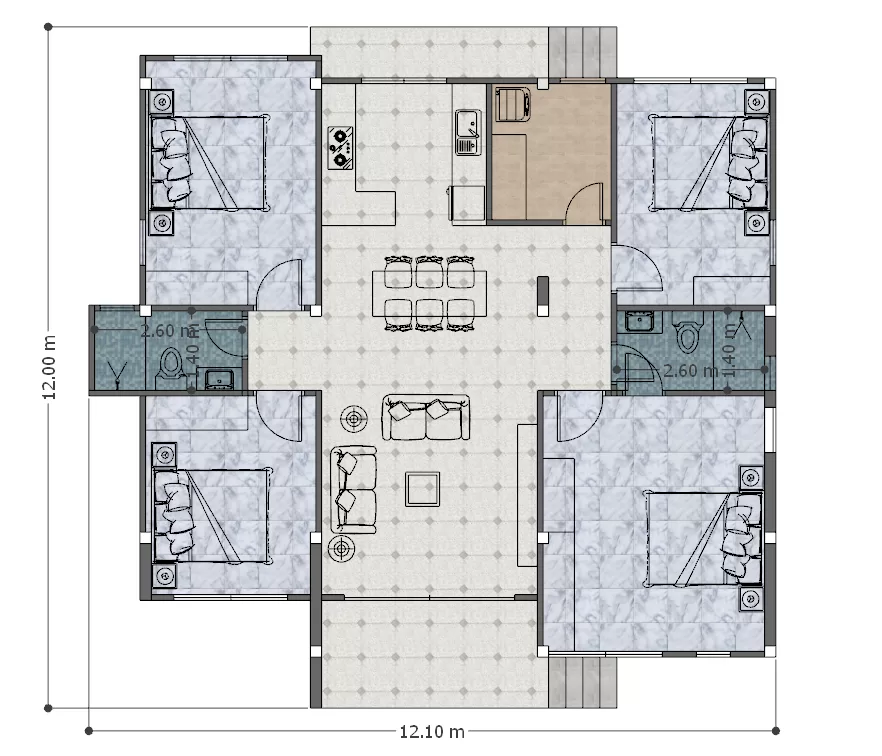 Planos de Casa 12×12 Metros cuatro Dormitorios Techo a cuatro aguas 