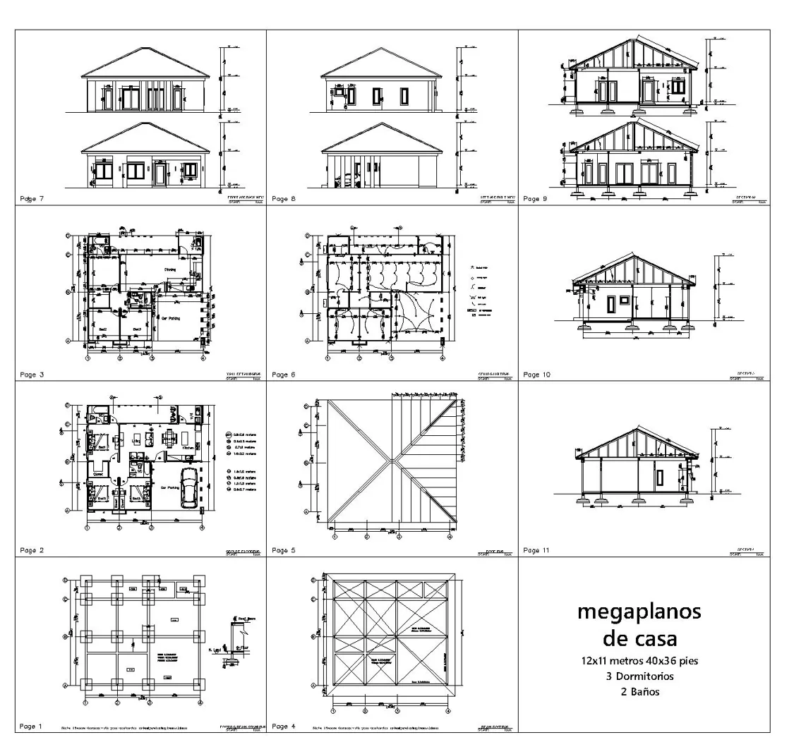 Planos de Casa 12×11 con 3 Dormitorios Techo a cuatro aguas