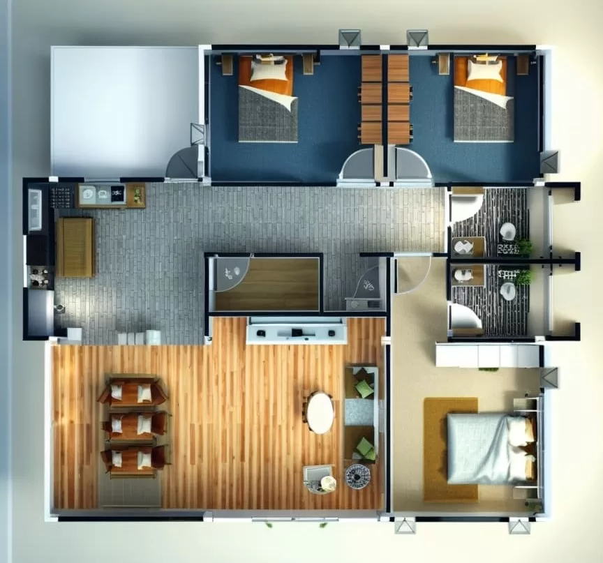 Plano de Casa 12×15 metros con 3 habitaciones